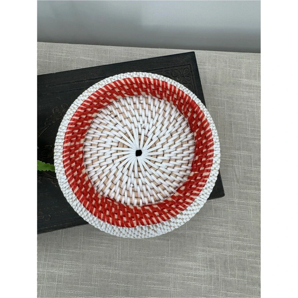 Vintage Woven Pedestal Basket Bowl Red Trim Boho Cottagecore Centerpiece Decor